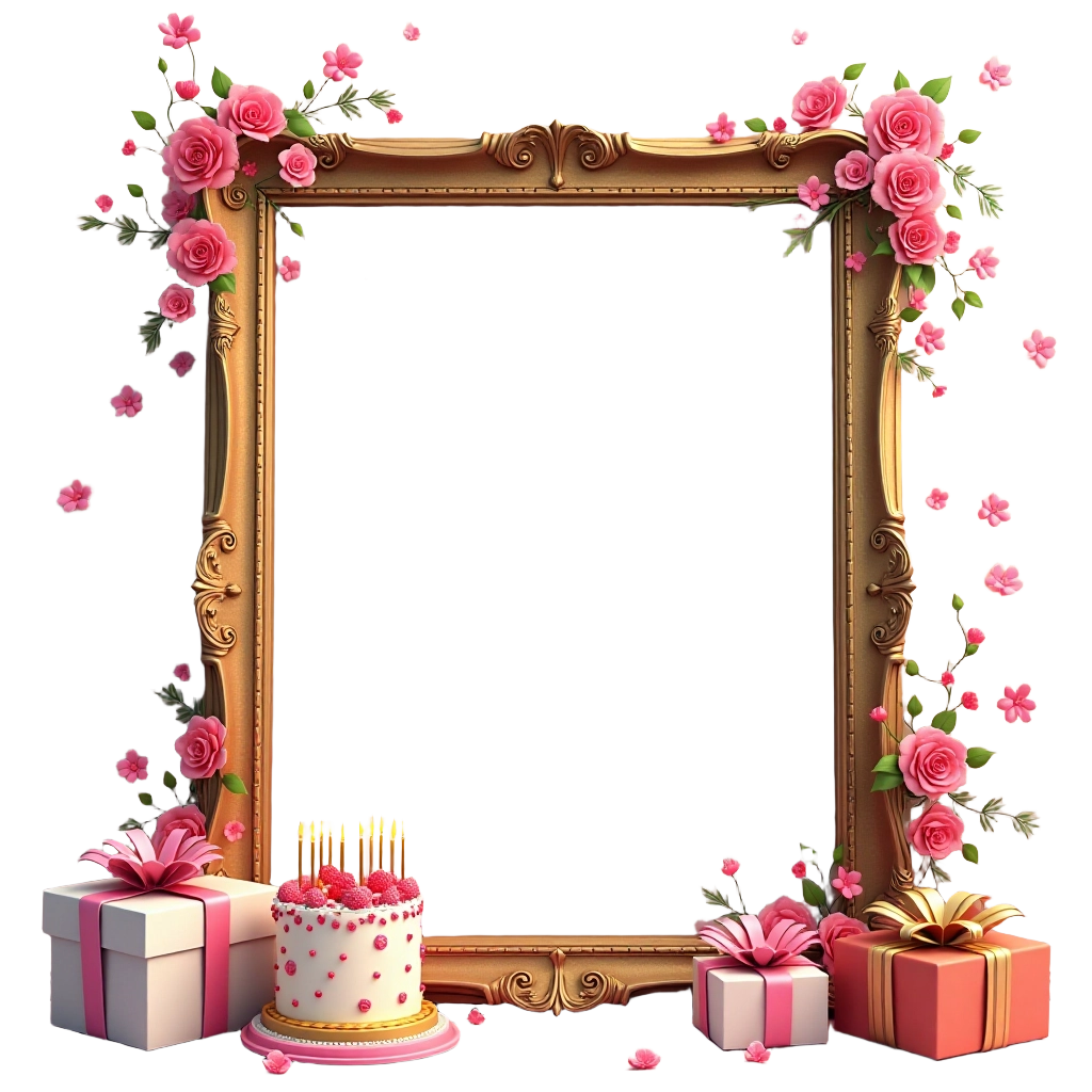 Golden Floral Frame with Birthday Cake and Gifts